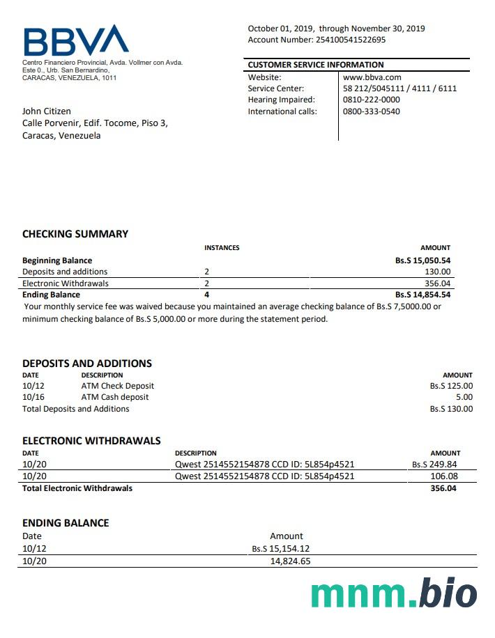 Wenezuela BBVA bank szablon w formacie excel pdf